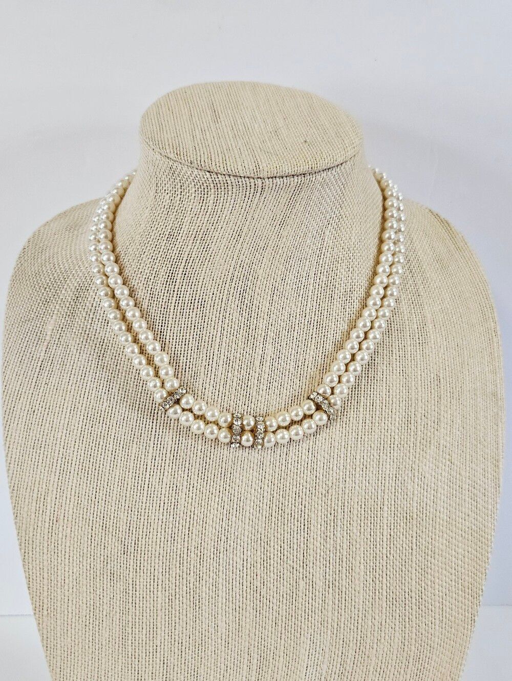 Vintage Double Strand Crystal Rhinestone Accent Pearl Beaded Necklace Choker